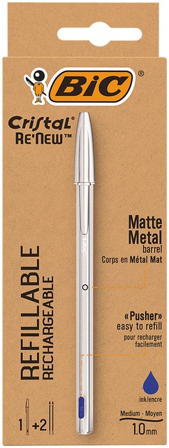 Balpen Bic Cristal Re-new medium zilver + 2 vullingen blauw