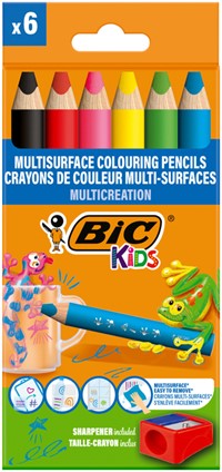 Kleurpotloden BicKids Multi Surface + puntenslijper assorti 6 stuks
