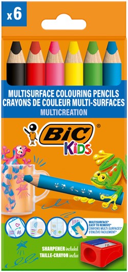 Kleurpotloden BicKids Multi Surface + puntenslijper assorti 6 stuks