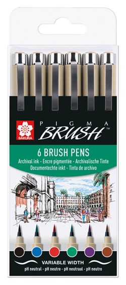 Brushpen Sakura Pigma Brush set à 6 stuks zwart
