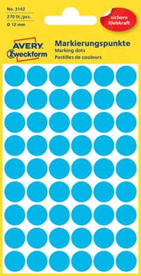Etiket Avery 3142 rond 12mm blauw 270 stuks